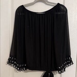 Black Tie-Hem Top with Lace Trim and rhinestones